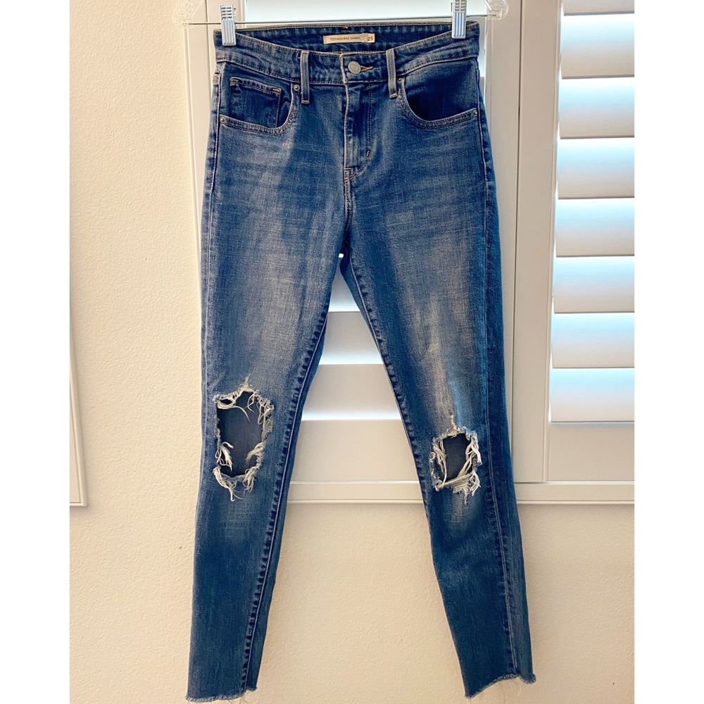 Levi's 721 ๐High Rise Skinny Women's Jeans Size 25 Medium Wash Knee Holes - Picture 2 of 11